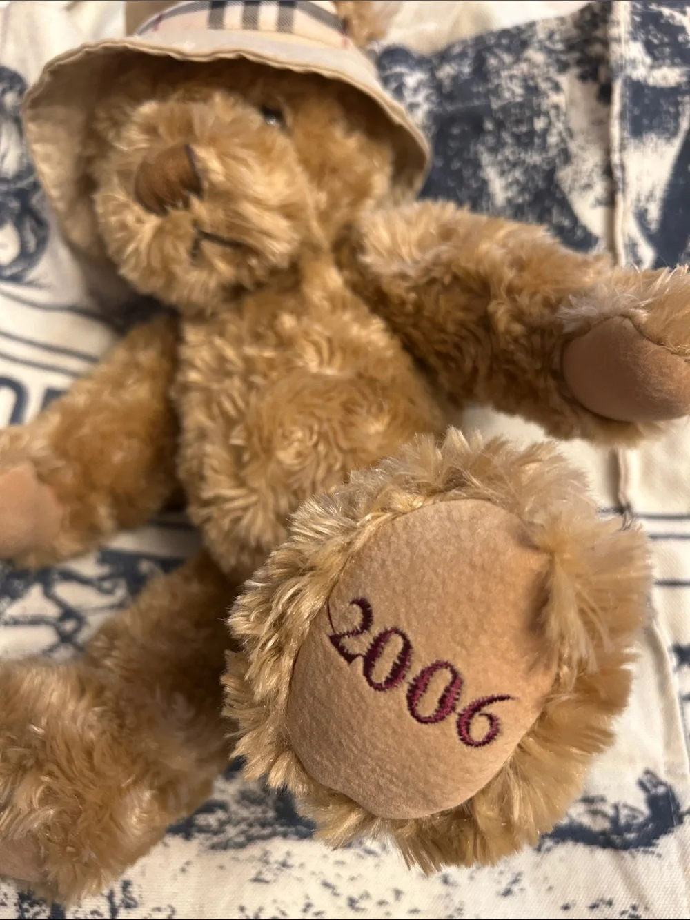 Vintage 2006 Burberry Brown Teddy Bear with Check Bucket Hat - Kids Accessory